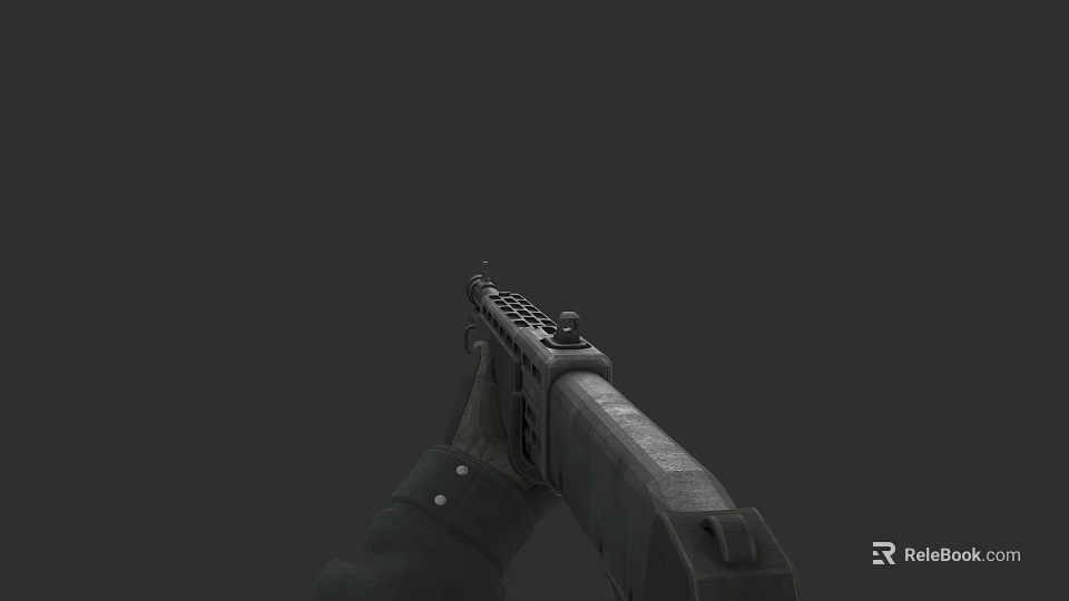Hand Holding Tactical Rifle With Long Barrel Heat Vents And Wooden Stock Against Dark Background 3d model 