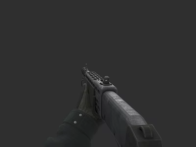 Hand Holding Tactical Rifle With Long Barrel Heat Vents And Wooden Stock Against Dark Background 3d model