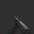Hand Holding Tactical Rifle With Long Barrel Heat Vents And Wooden Stock Against Dark Background