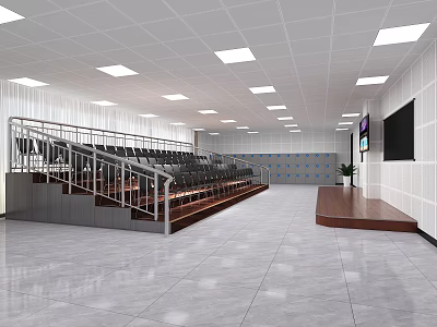 Modern School Auditorium Interior With Staircase Seats Stage Large Screen And Ceiling Lights 3d model