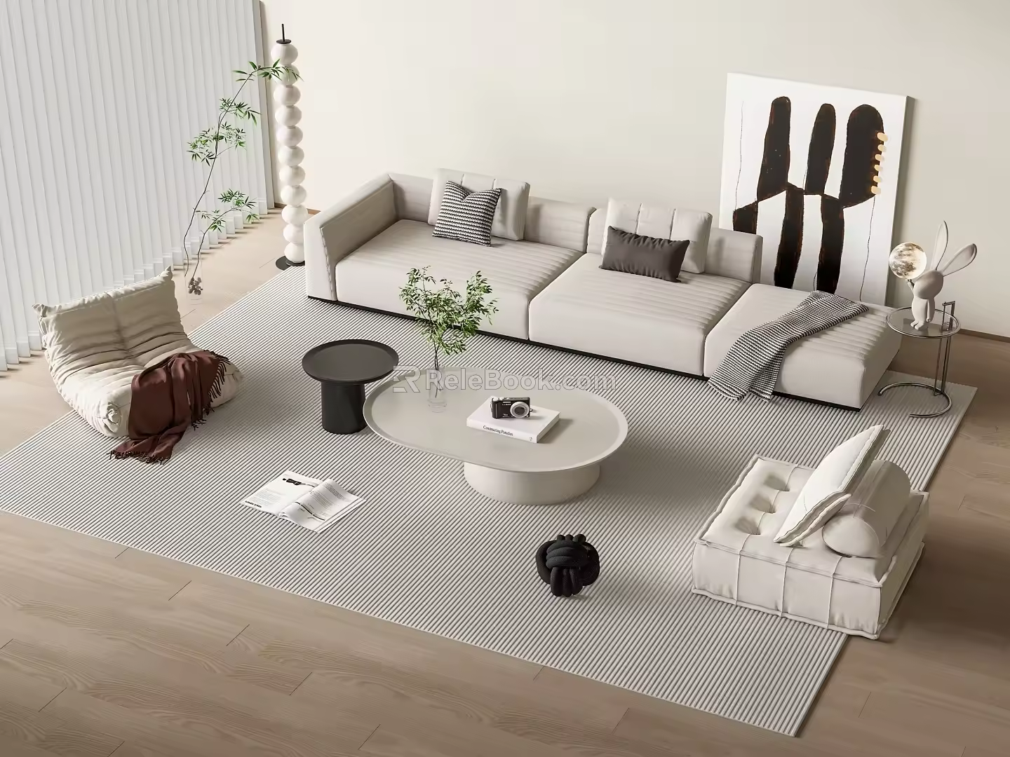 Minotti Sofa Coffee Table Combination Multi-person Sofa Lazy Sofa Dream Curtain Floor Lamp 3d model