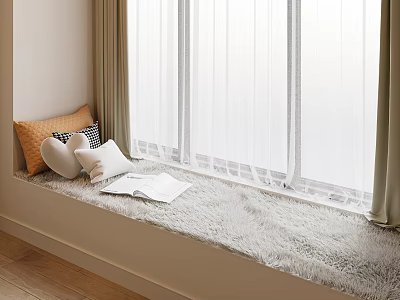 Cozy Window Seat Decor With Fluffy Rug Pillows And Book 3d model