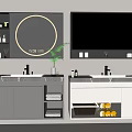 Bathroom Vanity With Double Sinks Gray White Cabinets Round Rectangular Mirrors Storage And Green Plants 3d model