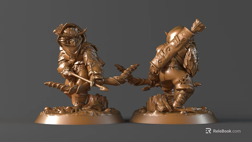 Detailed Bronze Warrior Sculptures In Standing Pose With Weapons And Ornate Details 3d model 