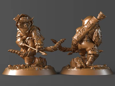 Detailed Bronze Warrior Sculptures In Standing Pose With Weapons And Ornate Details 3d model