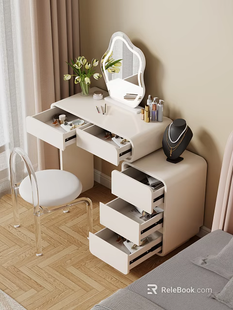 White Dressing Table with Open Drawers Mirror Vase Skincare Products and Transparent Chair 3d model 