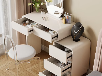 White Dressing Table with Open Drawers Mirror Vase Skincare Products and Transparent Chair 3d model