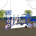 Vibrant Neon Island Beach Scene With Life Rings Palm Trees Beach Chairs Bonfire And Umbrella