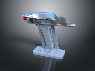 Futuristic Silver Metallic Weapon Featuring Red Light And Display Stand Base 3d model