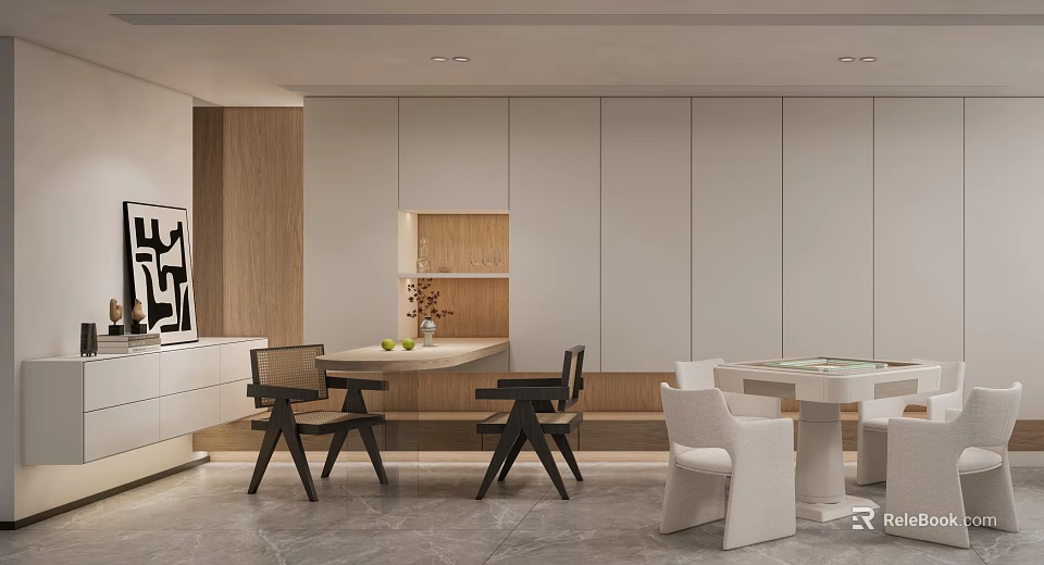 Modern Entertainment Room Interior Design With Wooden Tables White Chairs And Artwork 3d model 