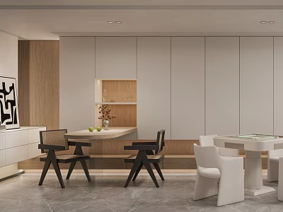 Modern Entertainment Room Interior Design With Wooden Tables White Chairs And Artwork 3d model