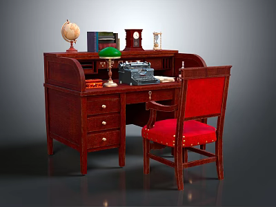 Classic Mahogany Wooden Desk With Red Upholstered Chair Globe Books And Typewriter 3d model