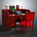 Classic Mahogany Wooden Desk With Red Upholstered Chair Globe Books And Typewriter
