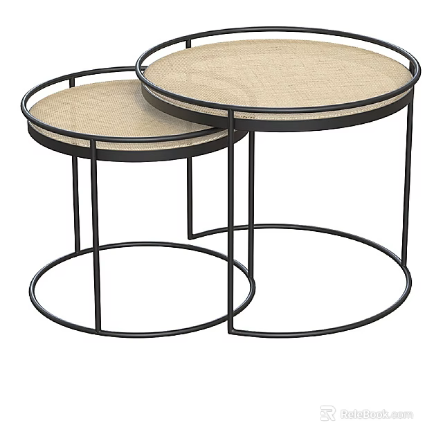 Two Modern Round Side Tables With Metal Frame And Beige Tabletop 3d model 