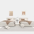 Modern Double Bed Interior With Light Gray Frame Decorative Paintings Potted Plant And Area Rug