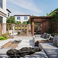 Serene Garden Landscape With Wooden Deck Outdoor Grill Area Tables Chairs And Lush Greenery
