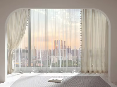 White Sheer Curtains For Arched Window With City Skyline At Sunset Light In Bedroom 3d model