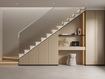 Modern Interior Staircase With Wooden Cabinets Console Table And Green Plant Decor 3d model