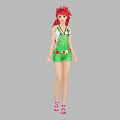 Woman With Red Hair Wearing Green Overalls Shorts And Pink Shoes In Casual Outfit