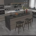Modern Open Kitchen Interior With Marble Island Counter And Cabinets 3d model