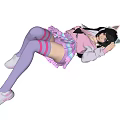 Woman in Pink Hoodie with Black Heart Design Wearing Cat Ear Headphones and Plaid Skirt