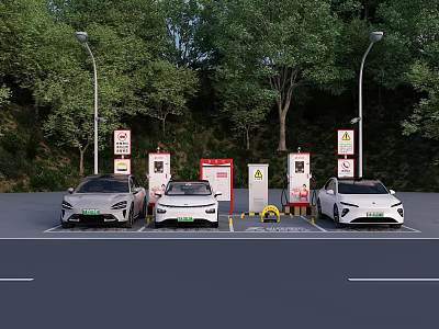 Green EV Parking Lot Featuring Electric Vehicles Charging Stations And Street Lights 3d model