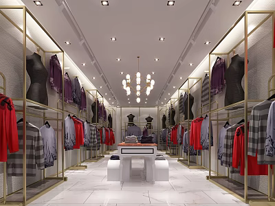 Modern Clothing Store Interior With Clothing Racks Display Table And Chandeliers 3d model