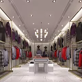 Modern Clothing Store Interior With Clothing Racks Display Table And Chandeliers