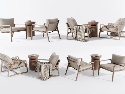 Casual Sofa Set With Wooden Frame Armchairs Side Tables And Cozy Blankets 3d model