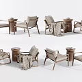 Casual Sofa Set With Wooden Frame Armchairs Side Tables And Cozy Blankets