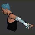 Blue Haired Man Wearing Black Tank Top With Colorful Logo Tattoos and Blue Cybernetic Arm