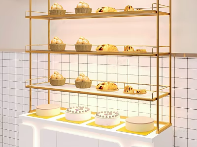 Golden Tiered Shelf Displaying Fresh Baked Goods Bread Rolls and Cakes in White Tiled Kitchen 3d model
