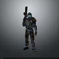 Sci Fi Biological Character Wearing Armored Suit Holding Gun With Blue Red Details