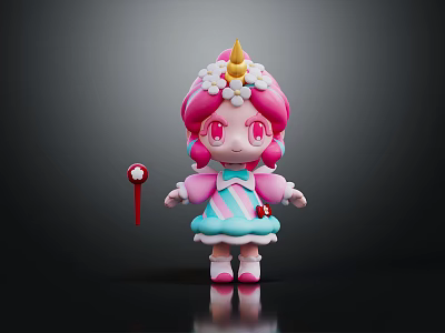Game and Movie Character with Pink Hair Unicorn Horn and Flower Decorations Holding Lollipop 3d model