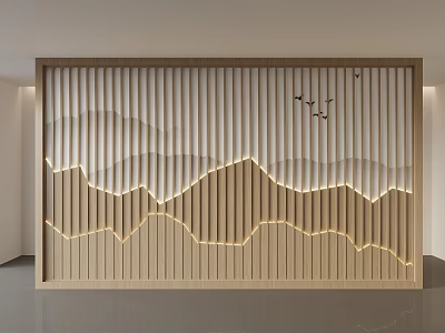 Wooden Feature Wall Design with Vertical Slats Wavy Pattern Accent Lighting and Flying Birds 3d model