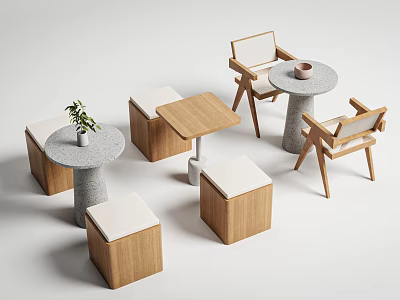 Modern Minimalist Wooden Table And Chair Set With Stone Top Tables And Square Stools 3d model