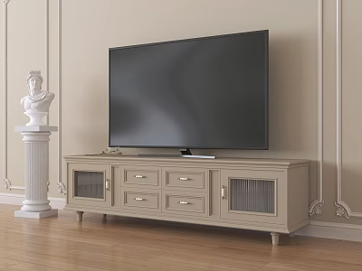 Light Colored TV Stand With Drawers Grille Doors And Large Screen TV Near Decorative Wall 3d model