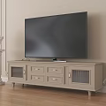 Light Colored TV Stand With Drawers Grille Doors And Large Screen TV Near Decorative Wall