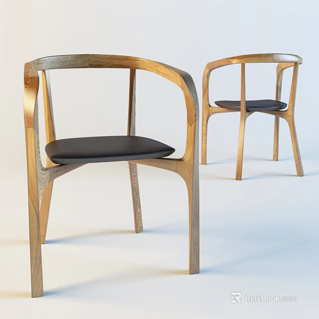 Wooden Armchair With Curved Back And Armrests Black Padded Seat Modern Design 3d model 