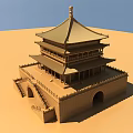 Traditional Chinese Multi tiered Tower With Wooden Structure Archway And Staircase Under Blue Sky