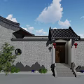 Traditional Chinese Detached Villa With Tile Roof Courtyard Windows And Circular Green Decor