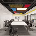 Modern Office Corridor With Blue Flooring Glass Walls White Doors Red Ceiling And Lighting Strips