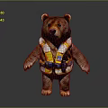 Brown Bear Character Wearing Yellow Life Jacket Standing On Gray Background 3d model
