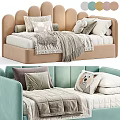 Cozy Kids Bed With Beige Frame Animal Print Pillows And Soft Blanket