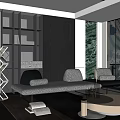 Modern Living Room Interior With Gray Sofa Black Bookshelf Glass Coffee Table Blinds And Green View