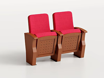 Ergonomic Public Chairs With Red Cushions Brown Wooden Frames And Ventilation Holes 3d model
