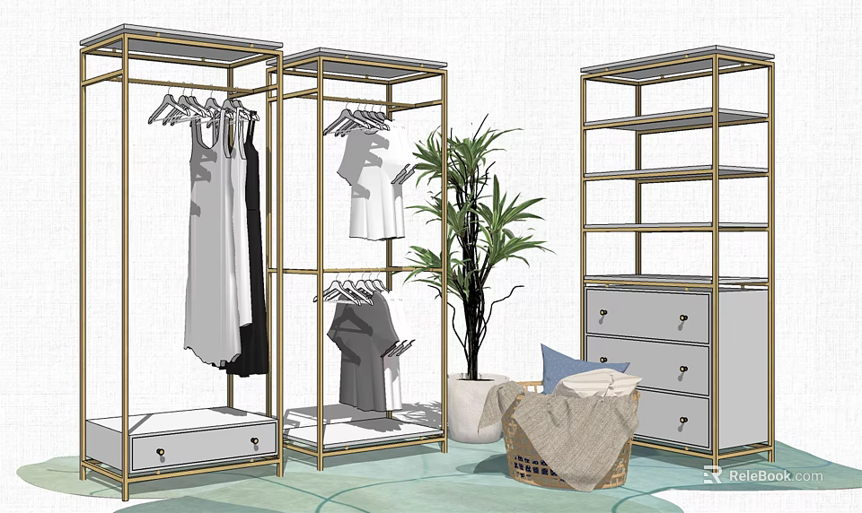 Stylish Golden Frame Clothing Racks With Drawers Hanging Clothes And Potted Plant 3d model 
