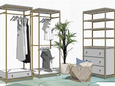 Stylish Golden Frame Clothing Racks With Drawers Hanging Clothes And Potted Plant 3d model