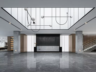 Modern Front Desk Reception Area With Marble Floor Pendant Lights Columns And Staircase 3d model