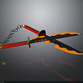 Double Bladed Weapons With Chain Red Handle Orange Blade And Green Decoration
